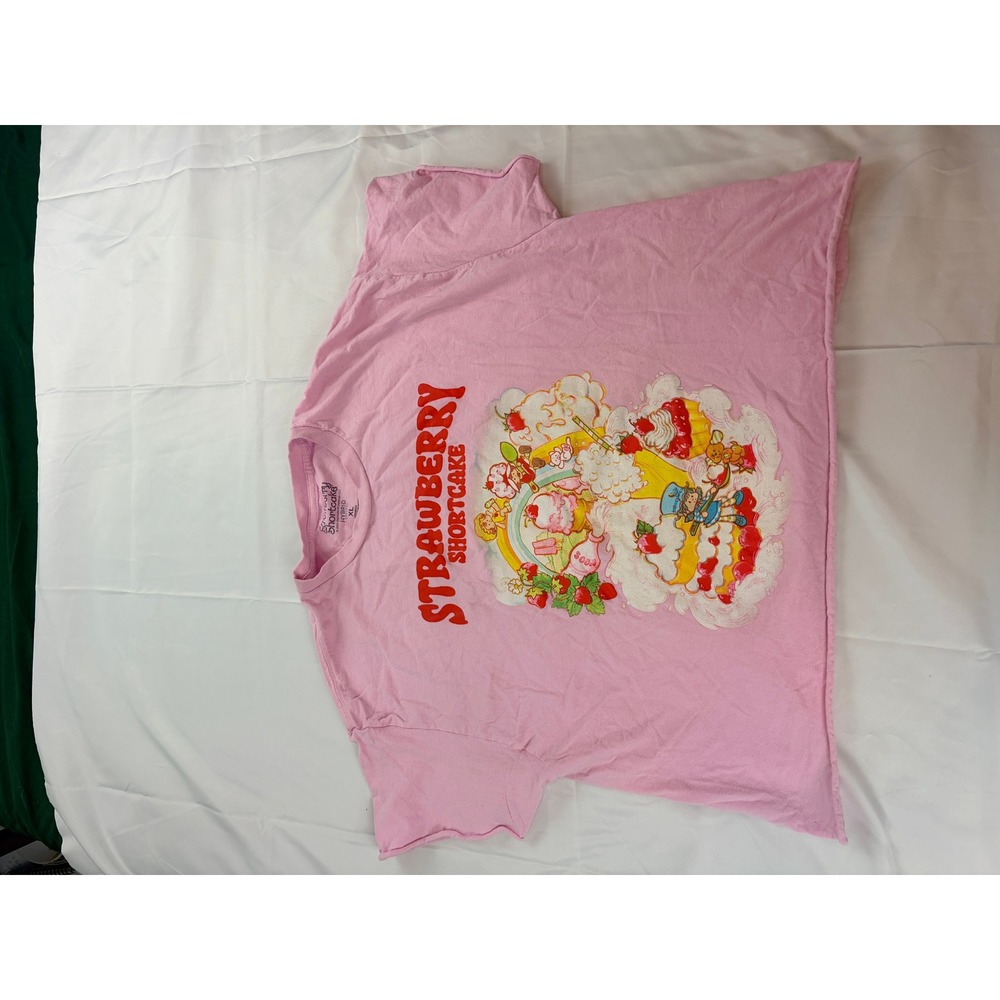 Strawberry Shortcake Pink Graphic T-Shirt Hybrid Apparel XL Raw Hem Cropped Tee